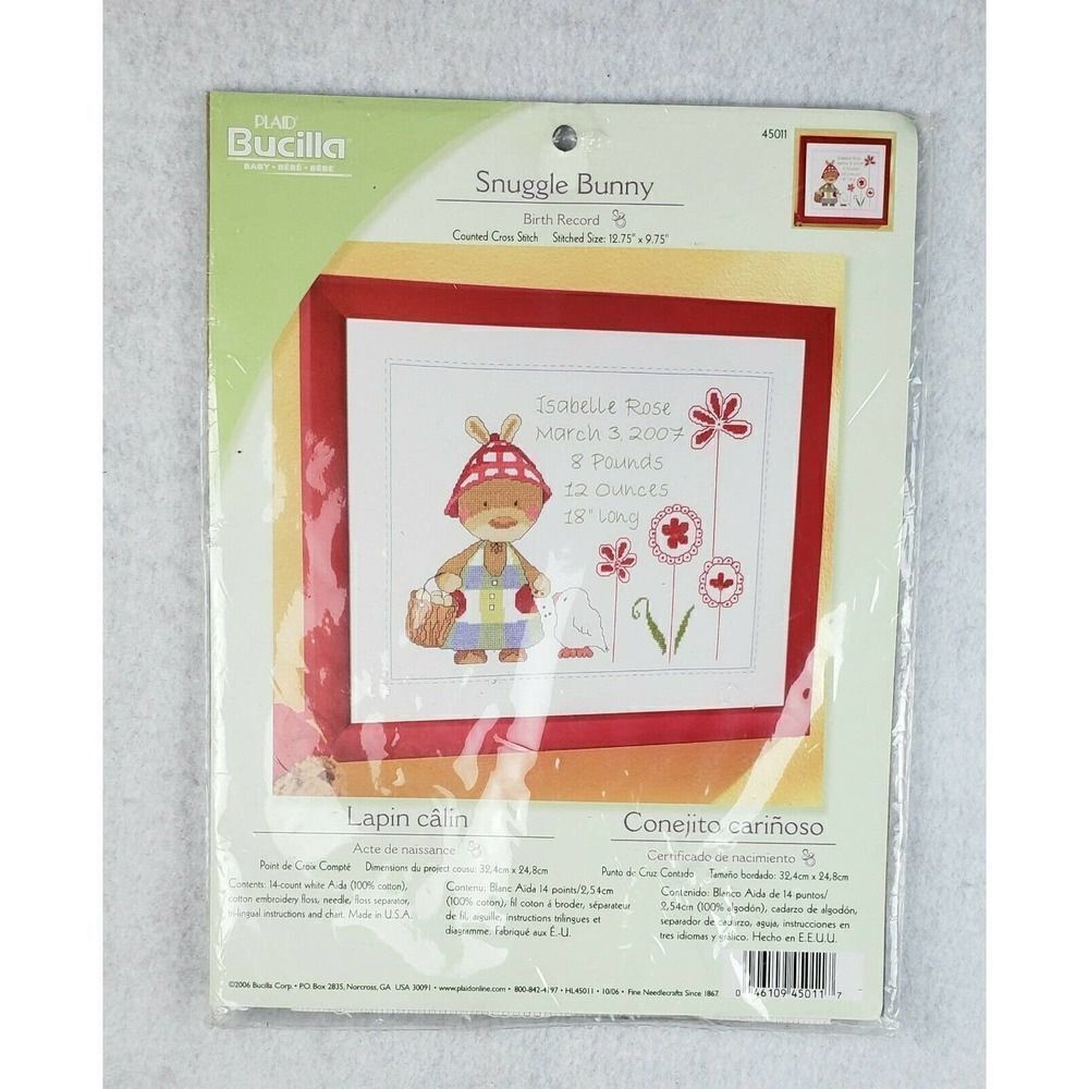 Bucilla New Sealed Snuggle Bunny Birth Record Counted Cross Stitch Kit #45011